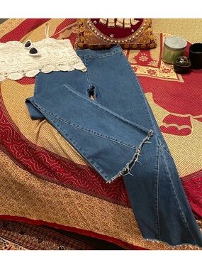 Blue Blush Medium Blue Flare Jeans with Raw Hem